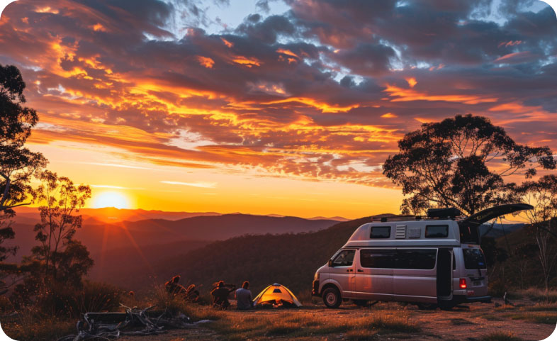 A parked mini bus at sunset, ready for the next day's Australian road trip adventure in Australia, April 2024, Mini bus.